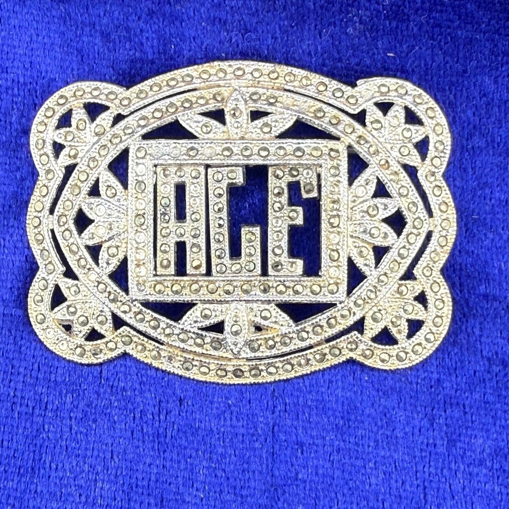 Vintage‎ Art Deco Brooch Silver Tone Marcasite “ACE” Signed READ